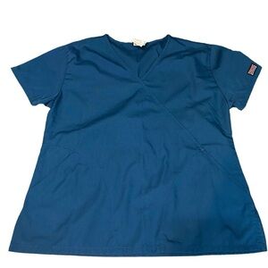 Cherokee Workwear Women Two Pocket Mock Wrap Scrub Top Caribbean Blue Size XS